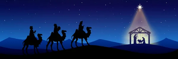 Presepe Natale Sagoma Nera Sfondo Blu — Foto Stock