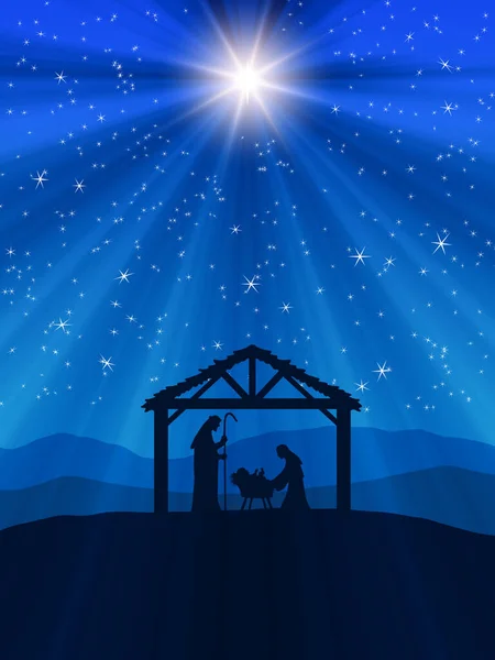 Scène Nativité Noël Silhouette Noire Sur Fond Bleu — Photo