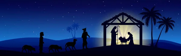 Scène Nativité Noël Silhouette Noire Sur Fond Bleu — Photo