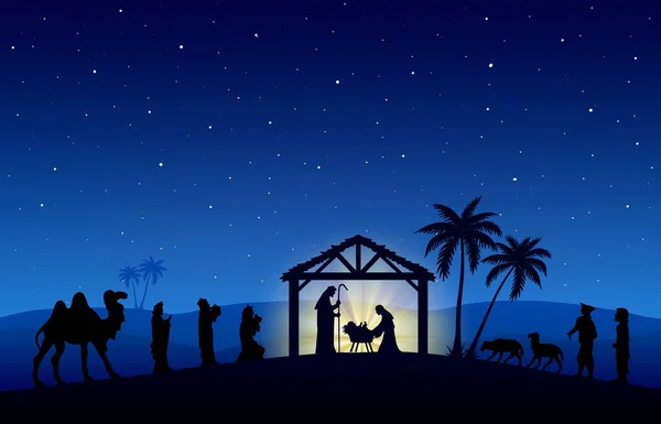 Christmas Nativity Scene Black Silhouette Blue Background — Stock Photo, Image