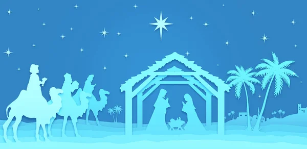 Karácsonyi Betlehem Jelenet Kék Háttér — Stock Fotó