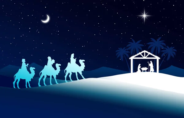 Kék Karácsonyi Betlehemes Jelenet Háttér — Stock Fotó