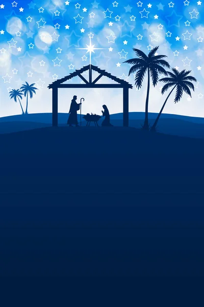 Blue Christmas Nativity Sceneのポスターの背景 挨拶のために使用可能なクリスマスイラスト テキストのためのコピースペースと — ストック写真