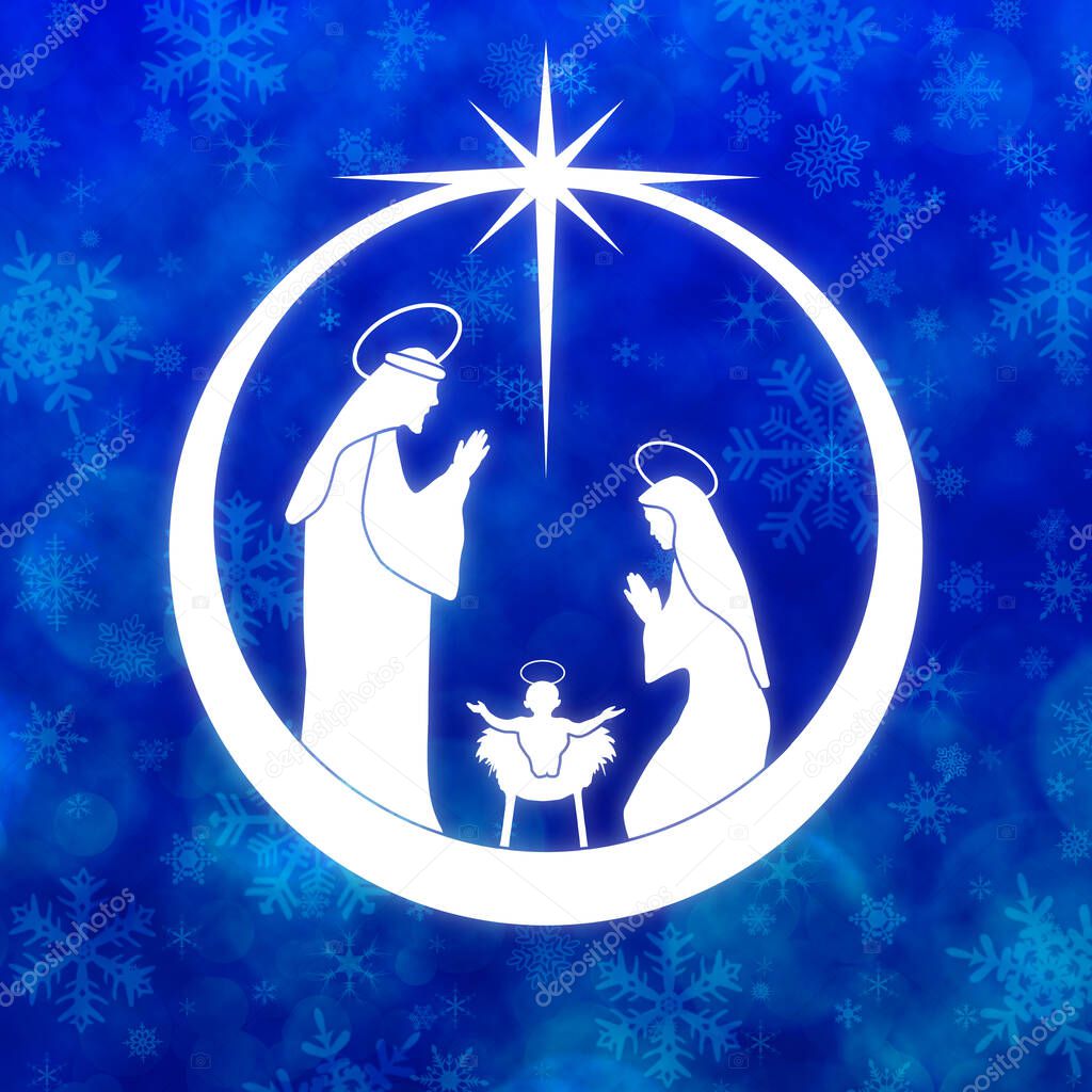 Christmas blue ball with Nativity Scene. Greeting card background.