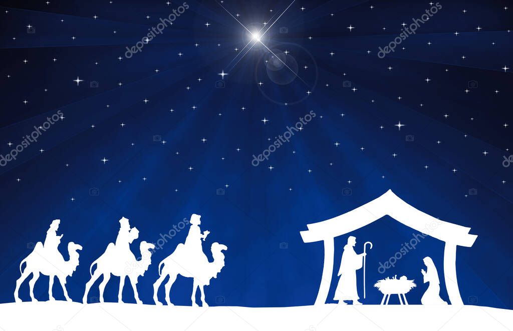 Christmas Nativity Scene white silhouette on blue background