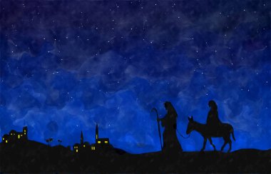Joseph ve Mary Beytüllahim 'e gidiyorlar. Suluboya resim çizimi. Tebrik kartı arkaplanı. 