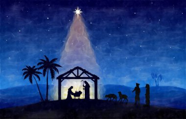 Mavi Noel İsa 'nın doğumu sahnesi. Çobanlar çöldeki yemliğe gidiyor. Suluboya resim çizimi. Tebrik kartı arkaplanı.