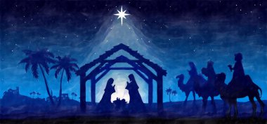 Mavi Noel İsa 'nın doğumu sahnesi. Üç Bilge Adam çöldeki ahıra geldi. Suluboya resim çizimi. Tebrik kartı arkaplanı.