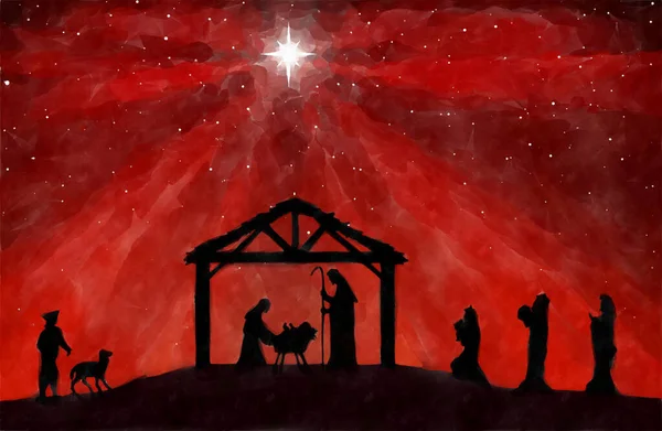 Red Christmas Nativity Scene Background Watercolor Painting Sketch Greeting Card — Stock Photo, Image