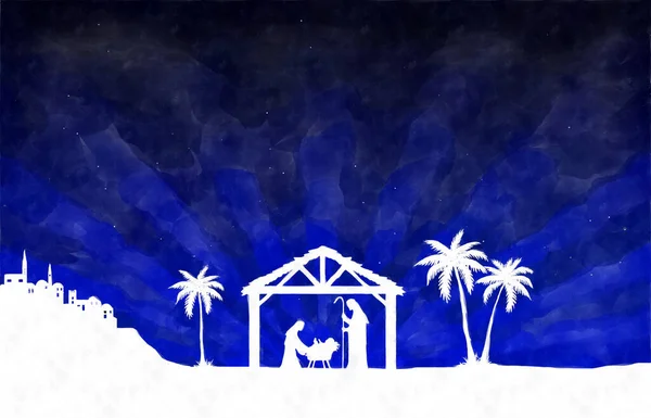 蓝色圣诞降生场景背景 水彩画草图 贺卡背景 — 图库照片
