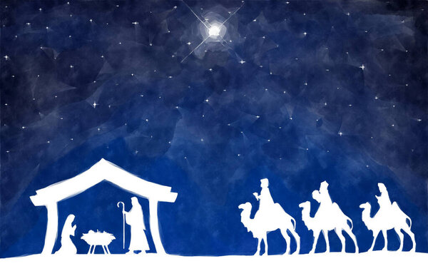 Blue Christmas Nativity Scene background. Three Wise Men go to the manger in the desert. Watercolor painting sketch. Greeting card background.