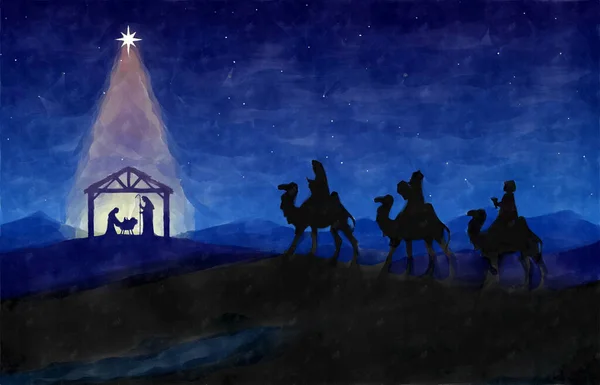 Çölde Üç Bilge Adam 'ın doğum sahnesi. Suluboya resim çizimi. Tebrik kartı arkaplanı.