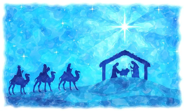 Blue Christmas Nativity Scéna Three Wise Men Jít Jeslí Poušti — Stock fotografie