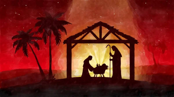 圣诞耶稣诞生在沙漠 水彩画草图 贺卡背景 — 图库照片