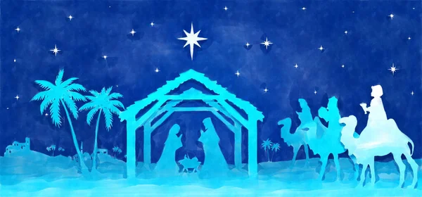 Nativité Noël Bleu Scène Fond Trois Sages Sont Arrivés Crèche — Photo
