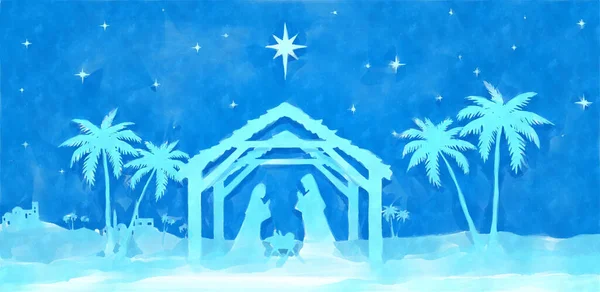 Blue Christmas Nativity Scéna Pozadí Malba Akvarelem Pozadí Blahopřání — Stock fotografie