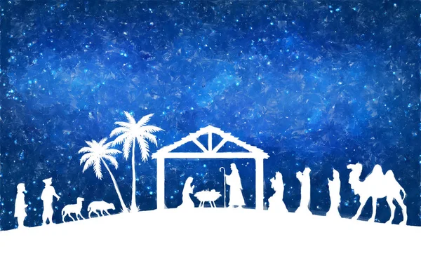 青いクリスマス ネイティビティ シーンの背景 水彩画のスケッチ グリーティングカードの背景 — ストック写真