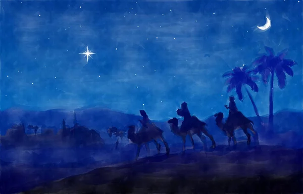 Blue Christmas Nativity Scene Background Three Wise Men Manger Desert — Stock Photo, Image