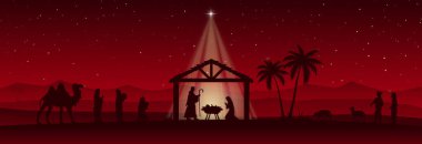 Kırmızı Noel İsa 'nın doğuş sahnesi afişi. Vektör illüstrasyonu.