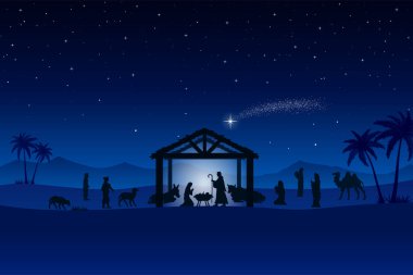 Çöl tebrik kartı arka planında Mavi Noel İsa 'nın doğumu sahnesi. Vektör EPS10.