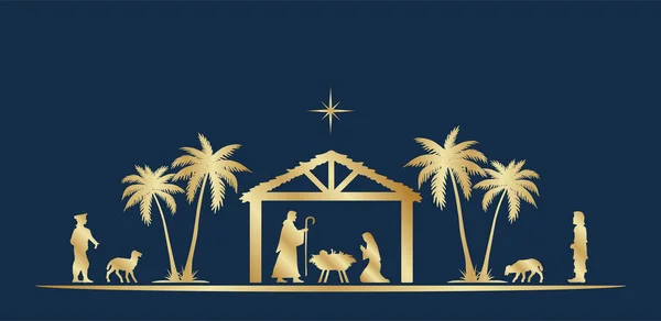 Blauwe Gouden Kerststal Kerststal Banner Achtergrond — Stockvector