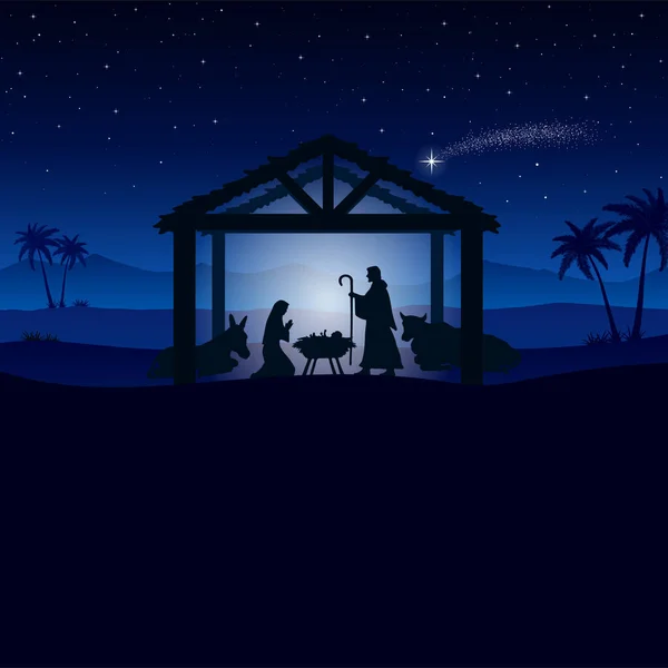 Blue Christmas Nativity Scene Desert Greeting Card Background Vector Eps10 — Stock Vector