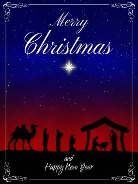 Chritmas Nativity Scene greeting card on blue background clipart