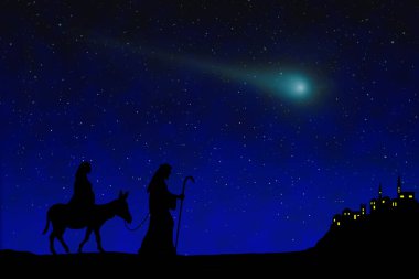 Joseph ve Mary gece Beytüllahim 'e Seyahat. Tebrik kartı arkaplanı.