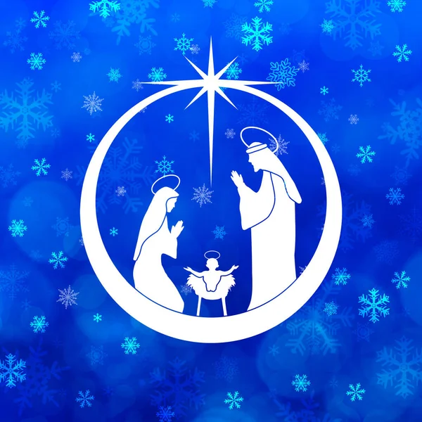 Blaue Weihnachten Hintergrund Krippe Einer Kugel Mit Schneeflocken Dekoration — Stockfoto