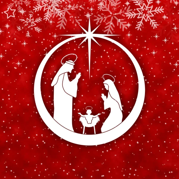 Red Christmas Background Nativity Scene Ball Snowflakes Stars Decorations — Stock Photo, Image