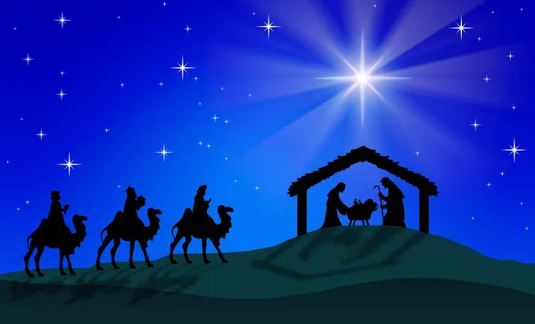 Blue Christmas Nativityシーン 3人の賢者が砂漠の管理者に行く — ストック写真