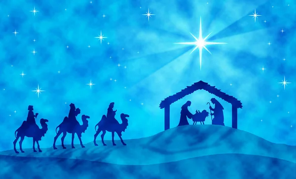 Mavi Noel doğum sahnesi: Üç Bilge Adam çöldeki ahıra gider. Tebrik kartı arkaplanı.