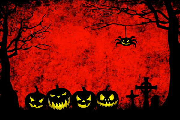 Halloween Fondo Rojo Con Araña Tumbas Calabazas — Foto de Stock