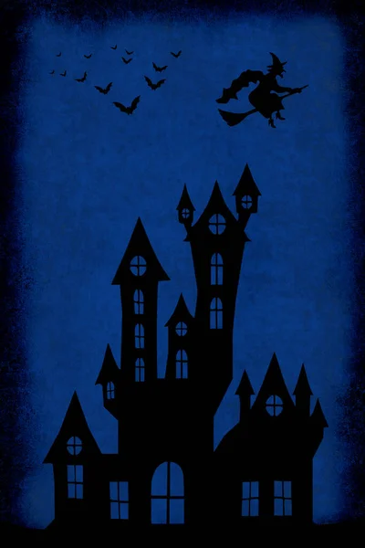 Halloween Dark Blue Background Castle Bats Witch — Stock Photo, Image