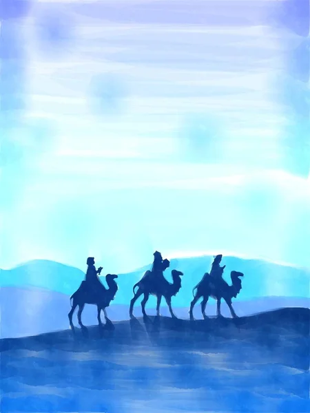 Three Wise Men in the desert, watercolor painting sketch. Greeting card background.