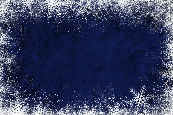 Blå Jul Vinter Gratulationskort Banner Bakgrund Med Vita Snöflingor — Stockfoto
