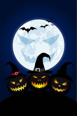 Karanlık mavi gökyüzünde korku dolu bir yüzün altında üç balkabağı. Cadılar Bayramı partisi davetiyesi, tebrik kartı ya da duvar kağıdı. Vektör EPS10.