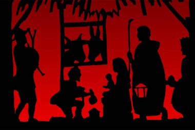 Kızıl Noel doğum sahnesi tebrik kartı geçmişi. Vektör EPS10. 