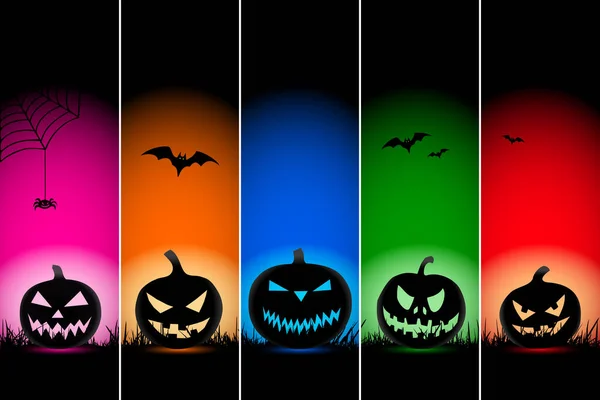 Composition Silhouettes Noires Citrouilles Jack Lantern Avec Des Chauves Souris — Image vectorielle