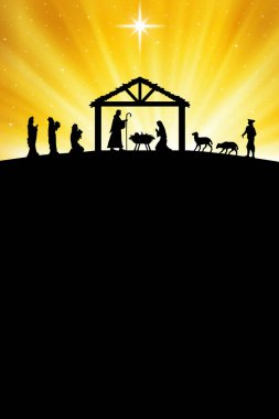 Noel Doğumu Sahnesi afişi. Selamlama için kullanılabilir Noel illüstrasyonu, metin için kopya alanı.