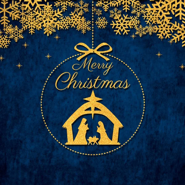 Christmas Greeting Card Glittered Nativity Scene Ball Greeting Text Stars — Stock Photo, Image