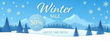 Kar manzaralı kış indirimi afişi