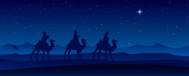 Üç Bilge Adam mavi Noel İsa 'nın doğumu afişi. Vektör illüstrasyonu.