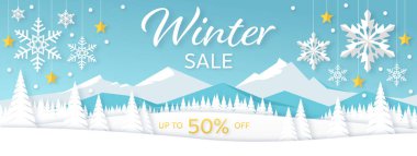 Kar manzaralı kış indirimi afişi