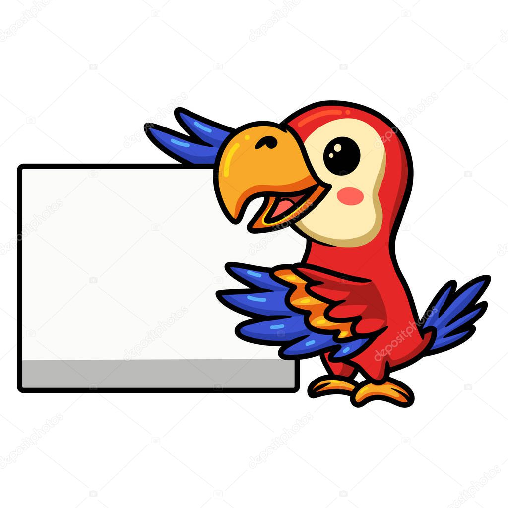 Vector illustration of Cute little parrot cartoon with blank sign