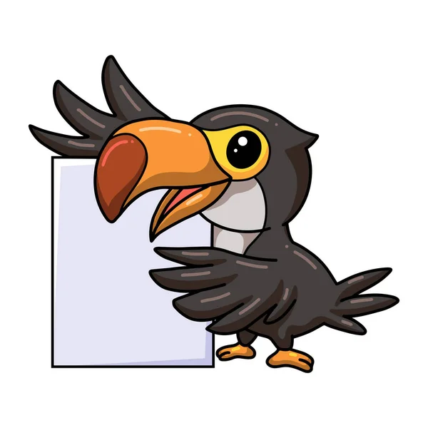 Illustrazione Vettoriale Carino Piccolo Uccello Toucan Cartone Animato Con Segno — Vettoriale Stock