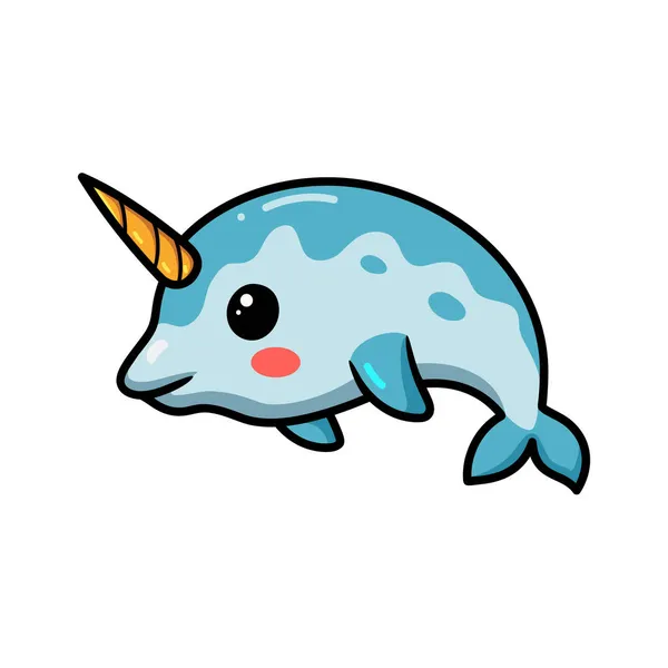 Vektor Ilustrasi Lucu Kartun Narwhal Kecil Berenang - Stok Vektor