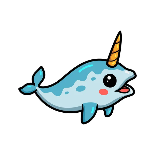 Vektor Ilustrasi Lucu Kartun Narwhal Kecil Berenang - Stok Vektor