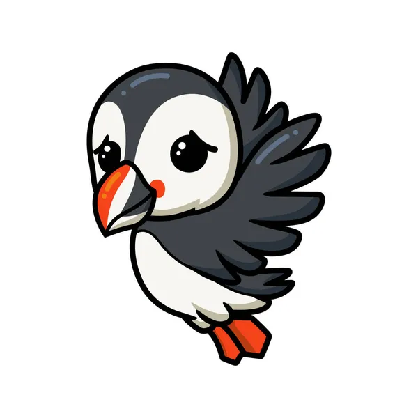 Ilustração Vetorial Bonito Pequeno Puffin Pássaro Desenho Animado Voando — Vetor de Stock