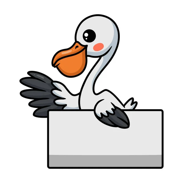 白い看板のかわいいペリカン鳥の漫画のベクトルイラスト — ストックベクタ